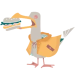 Goéland en ciré jaune qui mange un burger